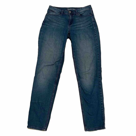 Calvin Klein Womens 8 Denim Dark Blue Wash Ultimate Skinny Jeans Distressed Slim - Picture 1 of 7